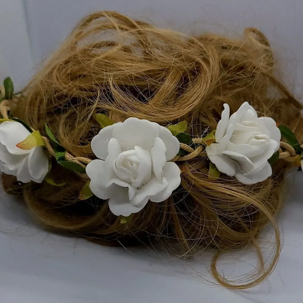 White Rose Halo Boho Fairy Rustic Wedding Flower Girl Bride Flower Headband